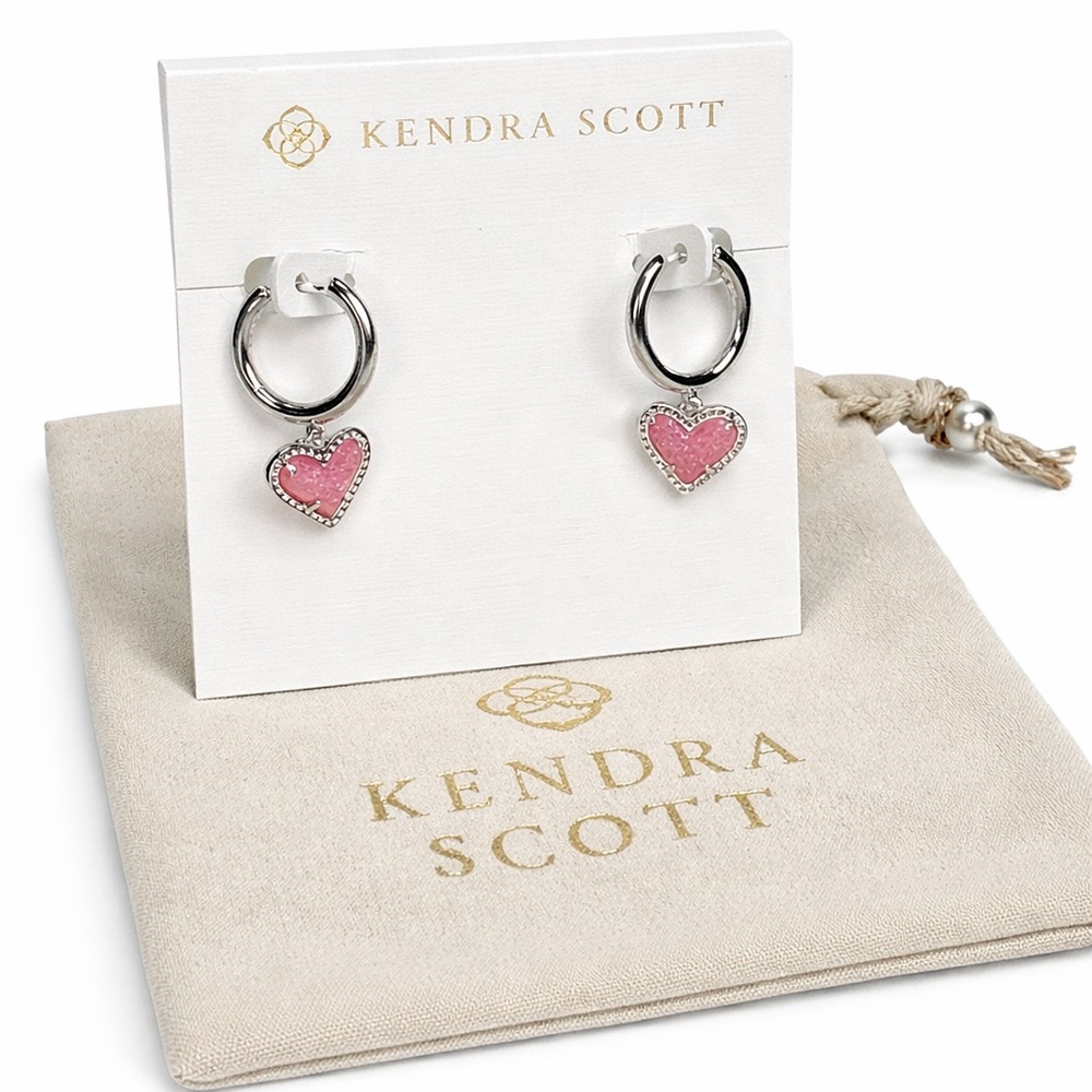 New Kendra Scott Silver Ari Heart Hug Hoop Earrings with Pink Heart Charms